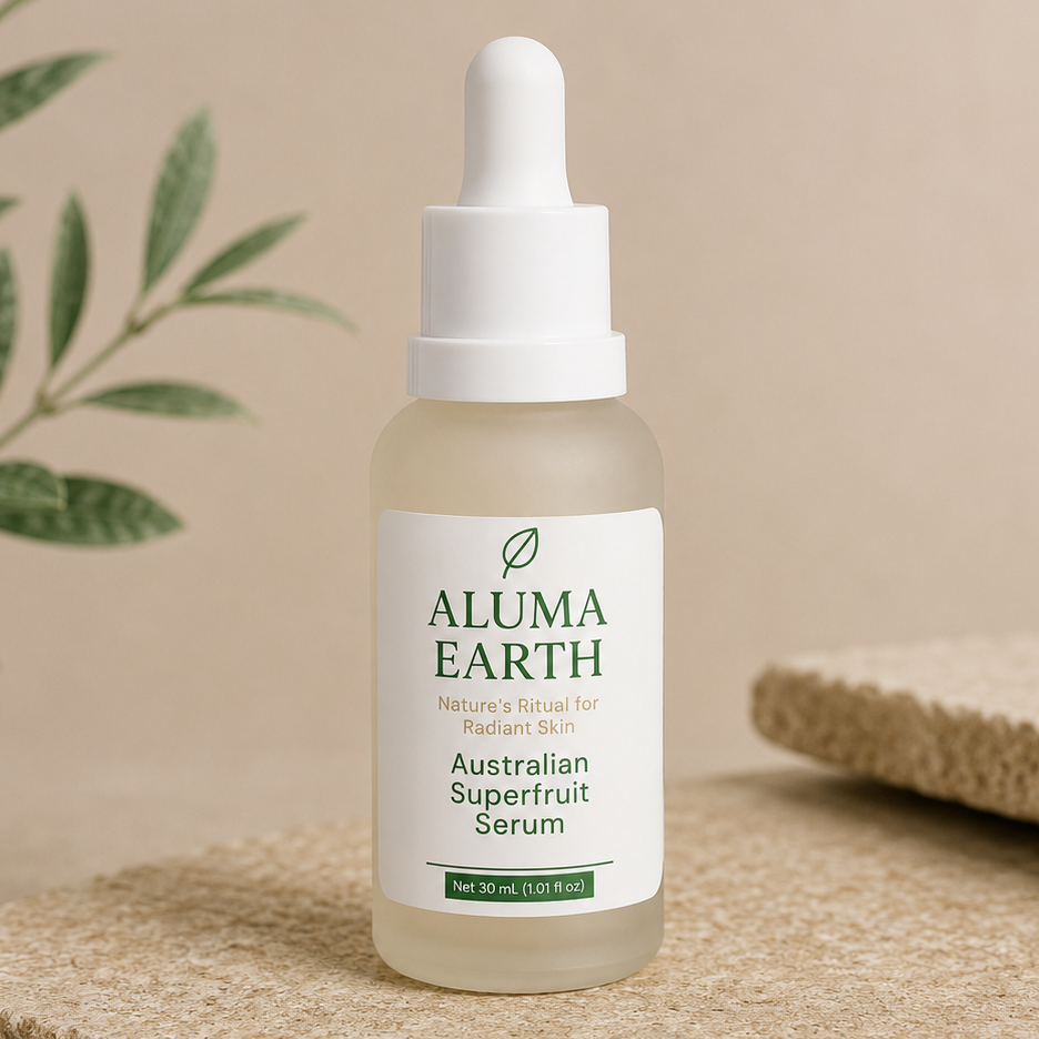Aluma Earth Australian Superfruit Serum bottle on a beige surface with a plant in the background