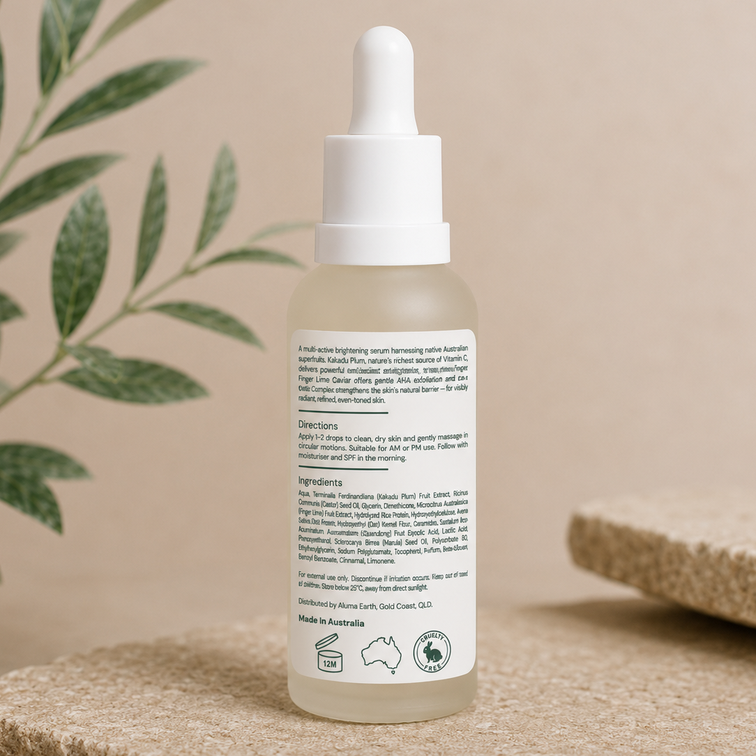 Skincare dropper bottle with label on a natural background