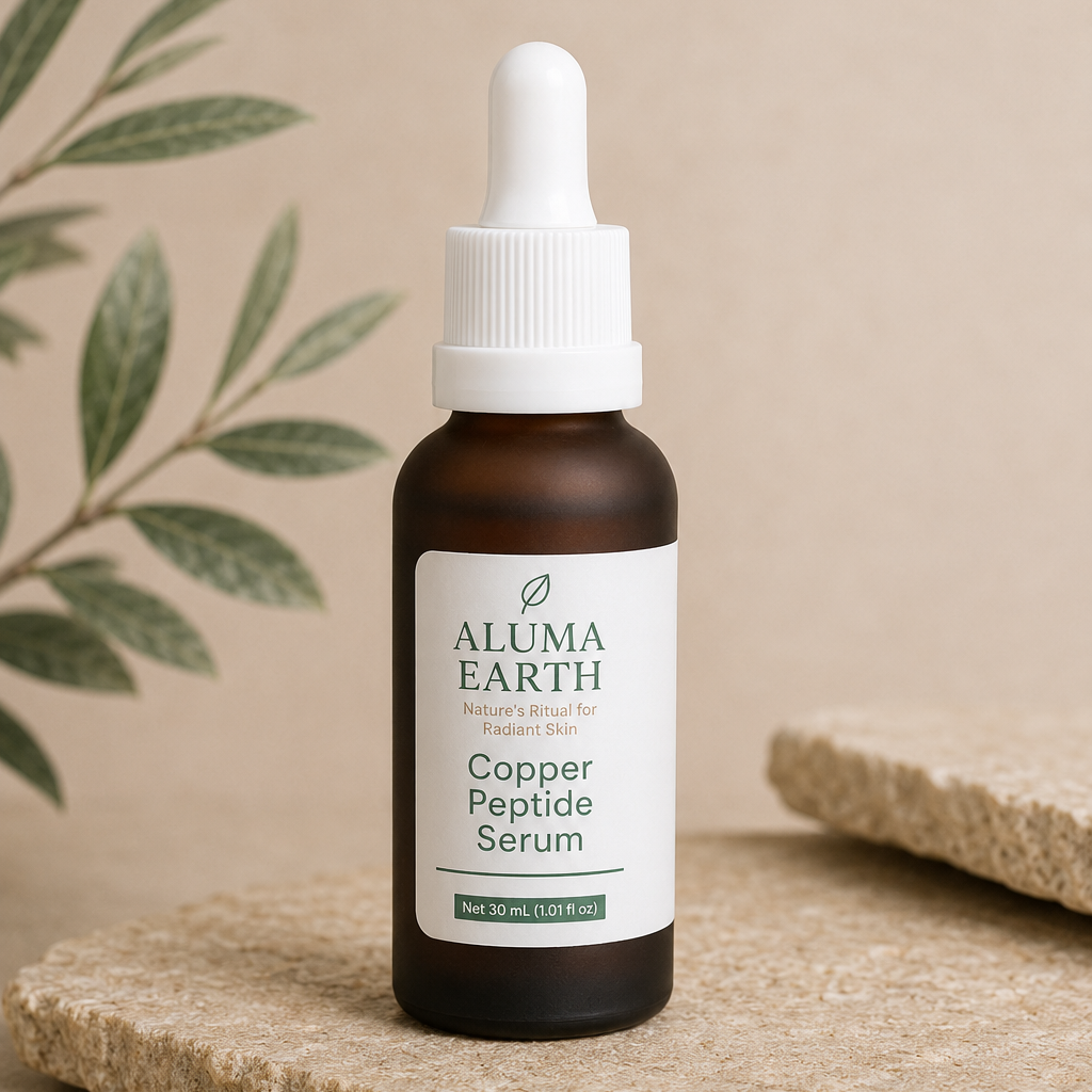 Aluma Earth Copper Peptide Serum bottle on a beige surface with a plant in the background