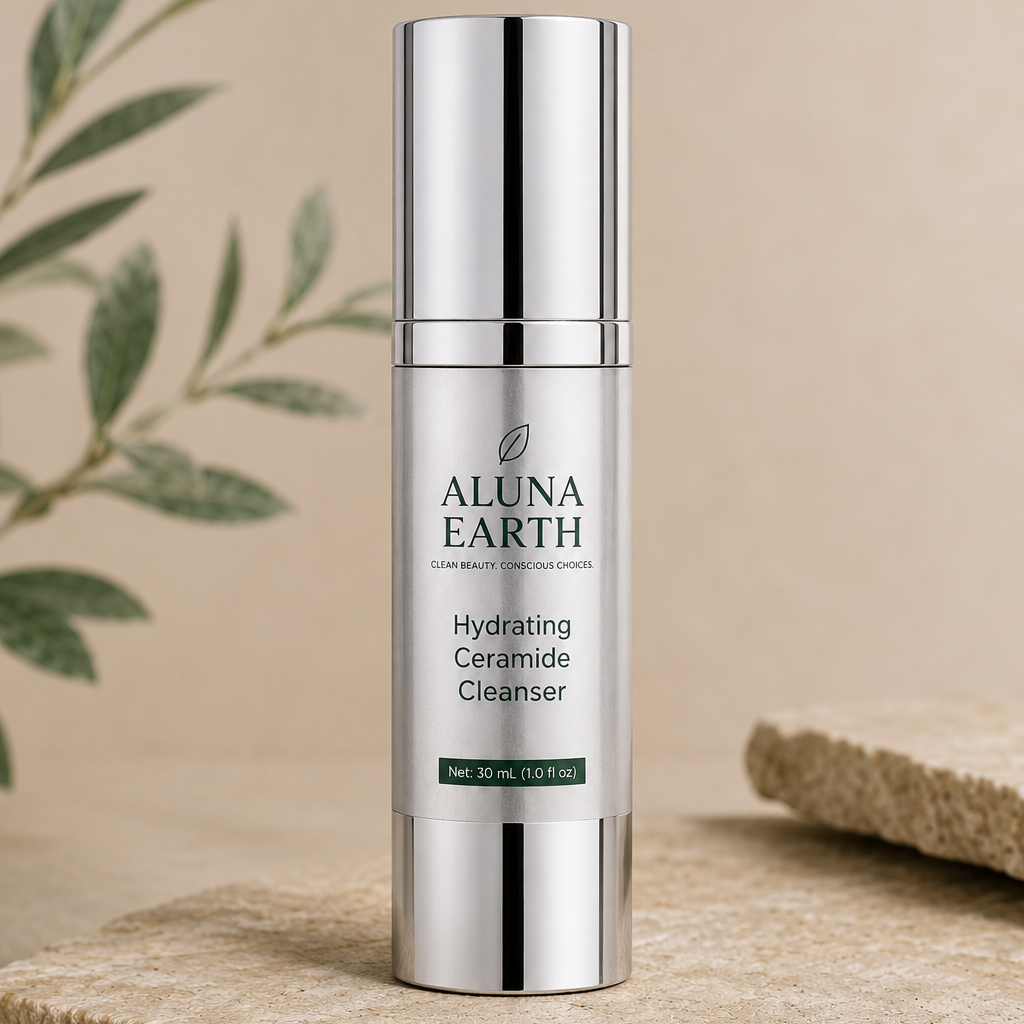 Aluna Earth hydrating cleanser bottle on a beige surface with a plant in the background