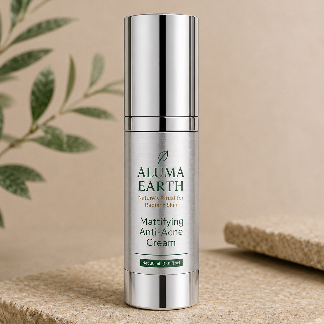 Aluma Earth Mattifying Anti-Acne Cream bottle on a stone surface with a natural background